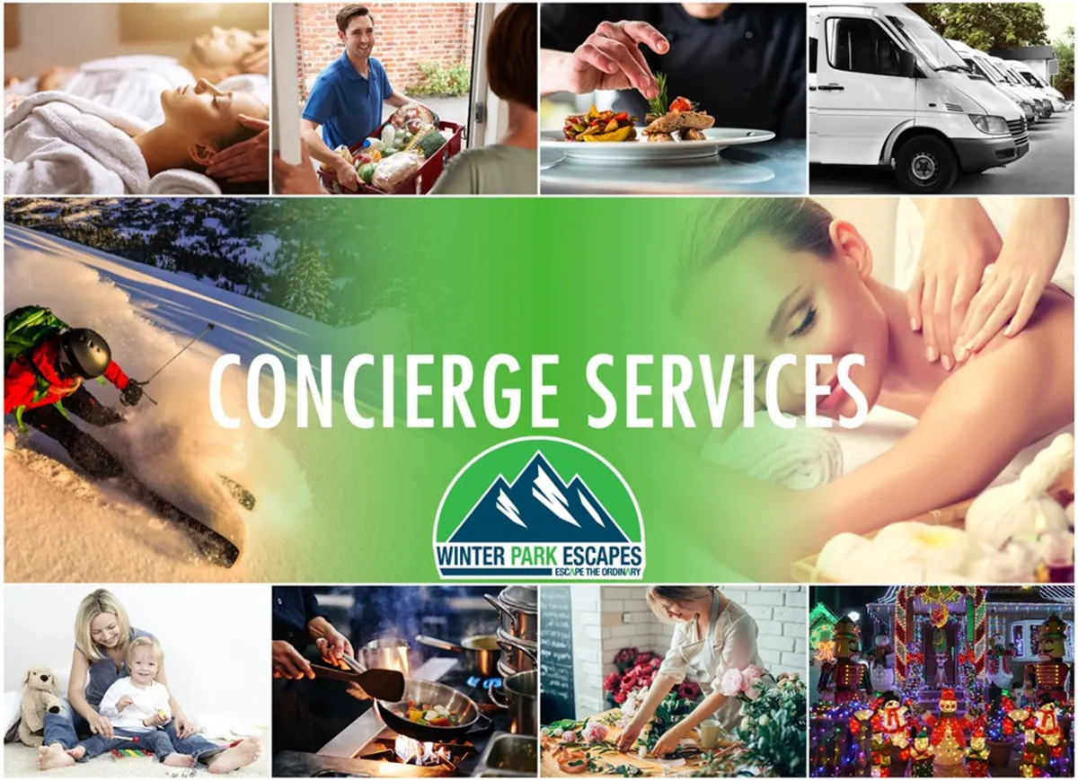 A collage of various luxury and resort-style amenities including concierge services, food delivery, spa treatments, cooking, family activities, and winter sports. The imagery conveys a sense of upscale convenience and year-round recreational options.