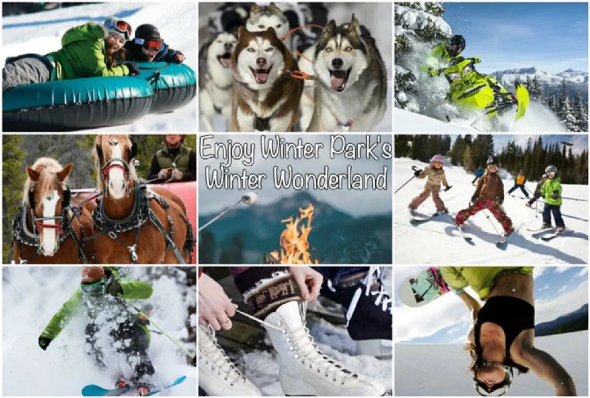 An action-packed winter scene showing people enjoying tubing, snowmobiling, dog sledding, and other outdoor snow activities. The mood is joyful and adventurous, with friends and families making the most of the snow.