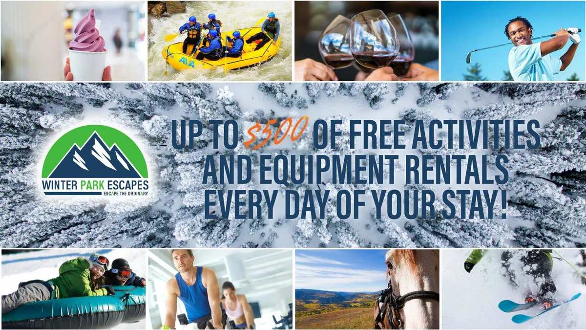 A lively collage-style image showcasing a range of outdoor adventure activities, including whitewater rafting, horseback riding, skiing, golfing, and enjoying ice cream. The image visually conveys the thrill and diversity of available experiences, with participants actively engaged in each activity.