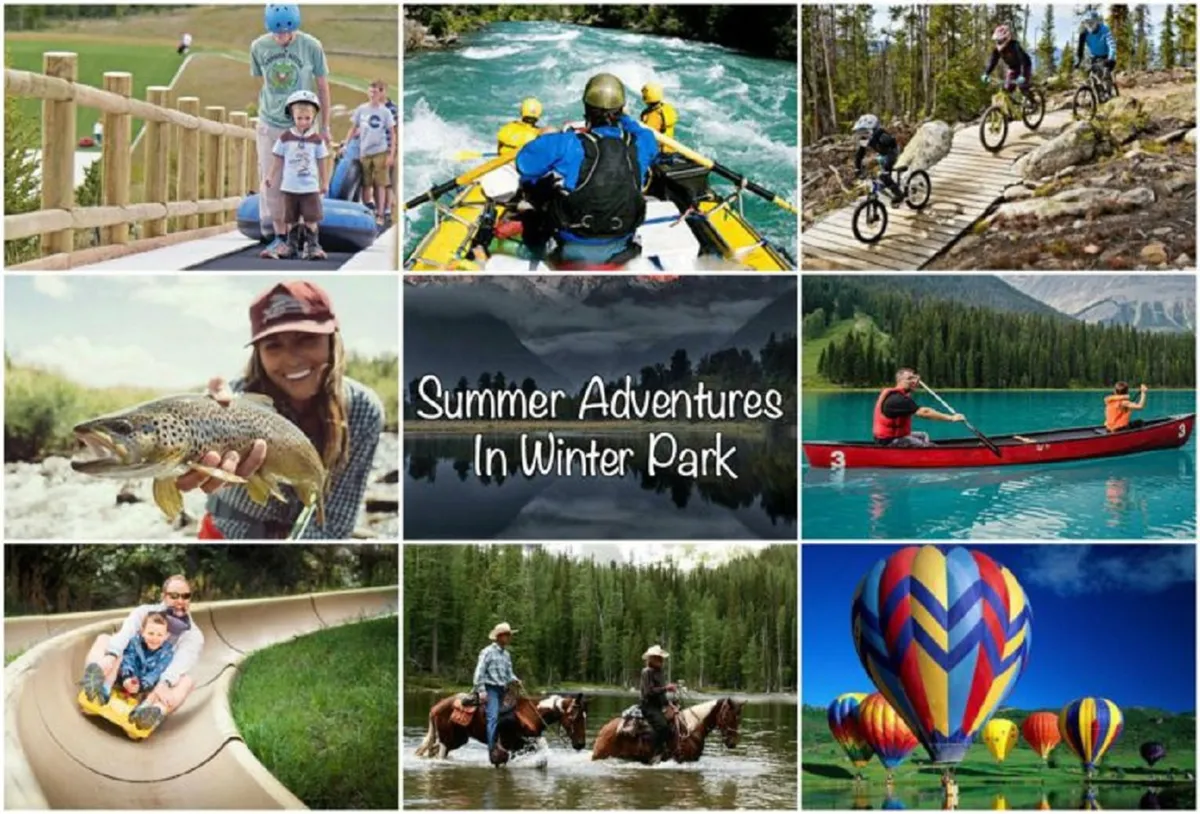 A vibrant, action-filled view with families and groups enjoying outdoor activities: colorful hot air balloons, water sports, mountain biking, fishing, horseback riding, and more. The scene transitions from river rapids to serene lakeside spots, highlighting summer adventure.